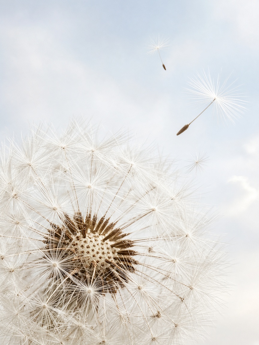 A clock, not a meadow — PortraitLuxe A dandelion clock filling the frame against pale sky, one seed leaving