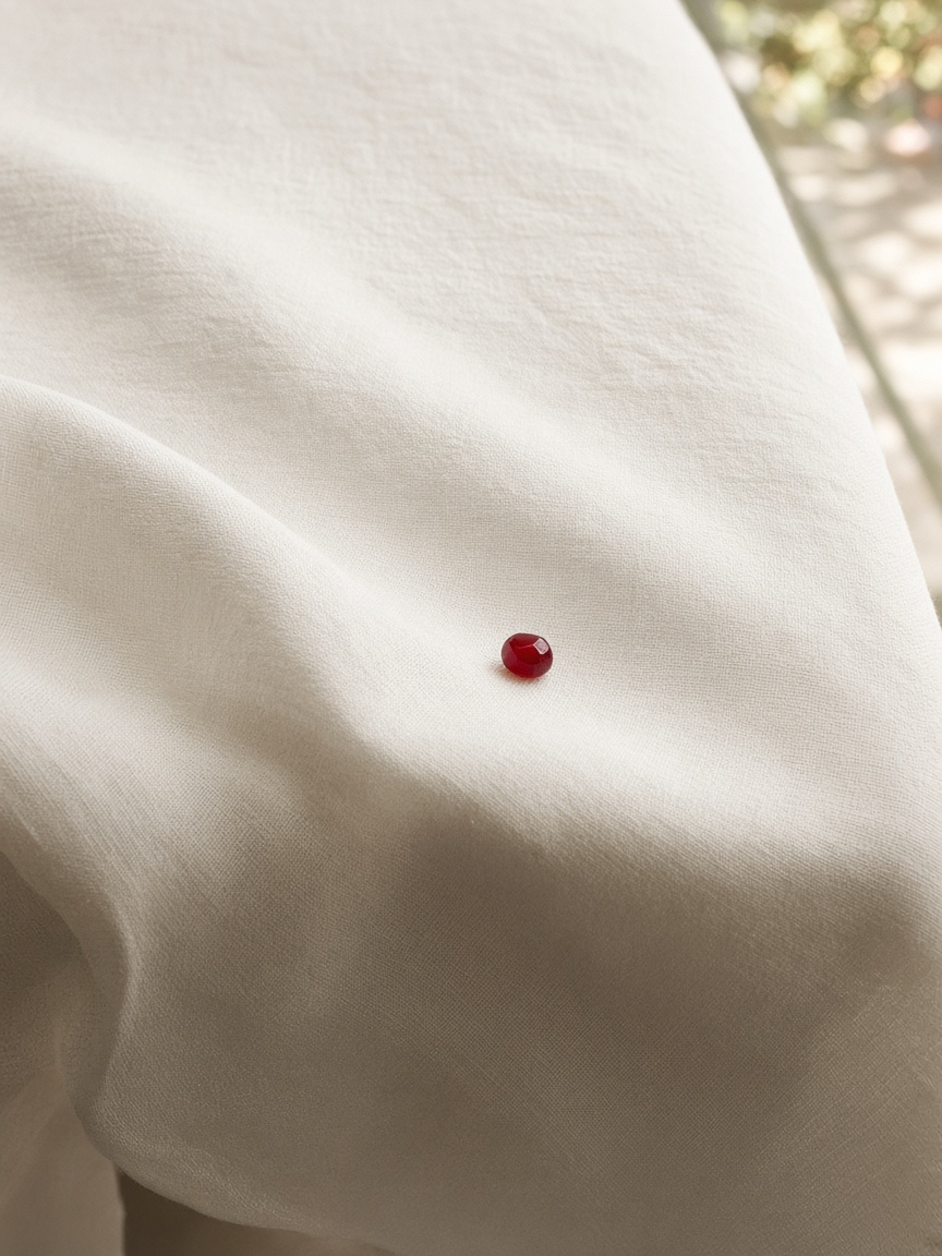 One seed, the rest implied — PortraitLuxe Cream tablecloth lifting in a breeze, one pomegranate seed, a stripe of orchard light