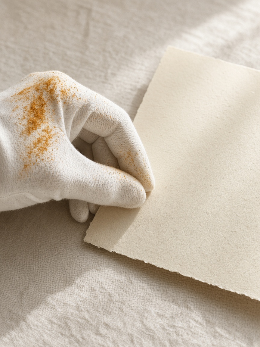 The corner of a sheet — PortraitLuxe Archival cotton glove holding the corner of a cream art sheet
