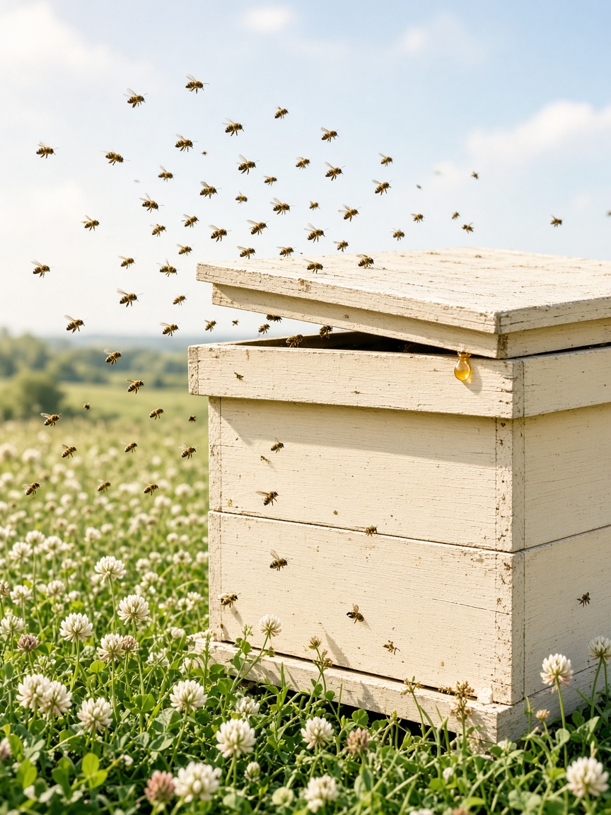 A hive in lift — PortraitLuxe A pale straw hive in a chamomile verge at high day, bees as small gold