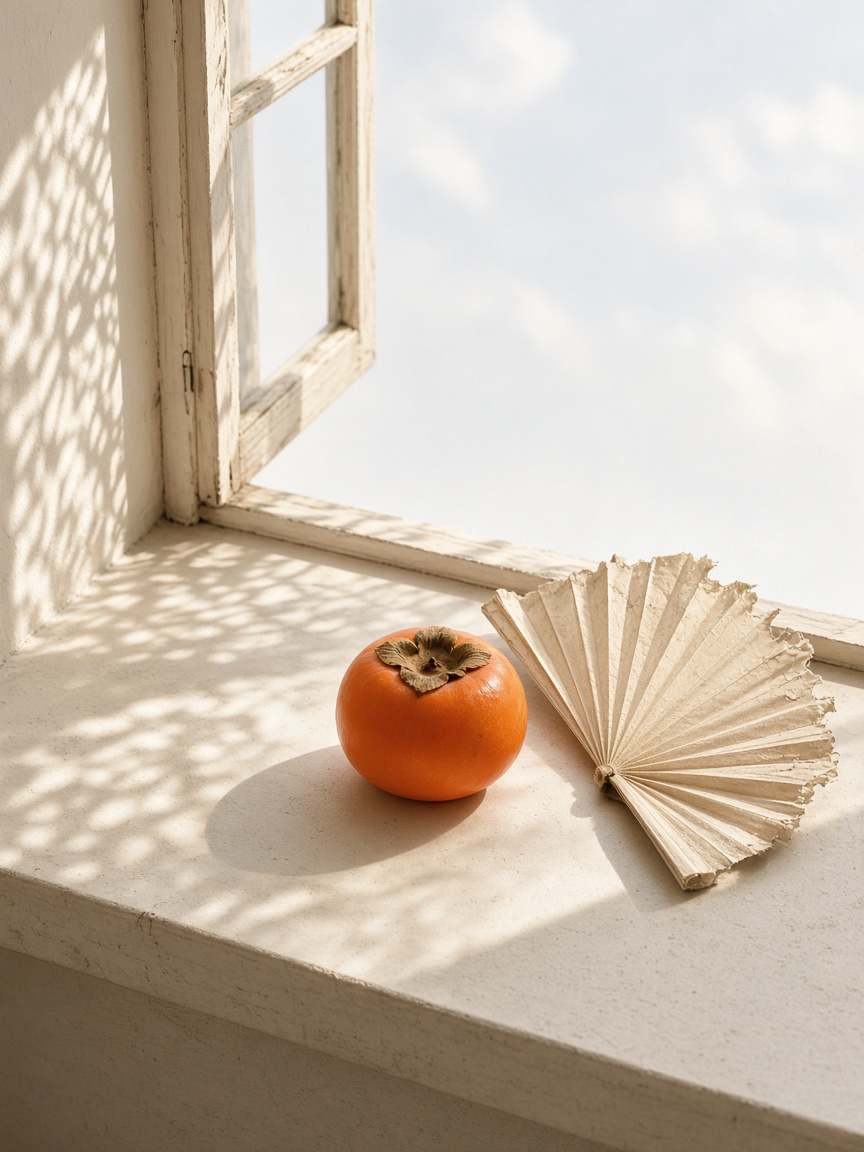 A fruit that keeps the hour — PortraitLuxe A persimmon on a cream plate in late-morning sun, one leaf