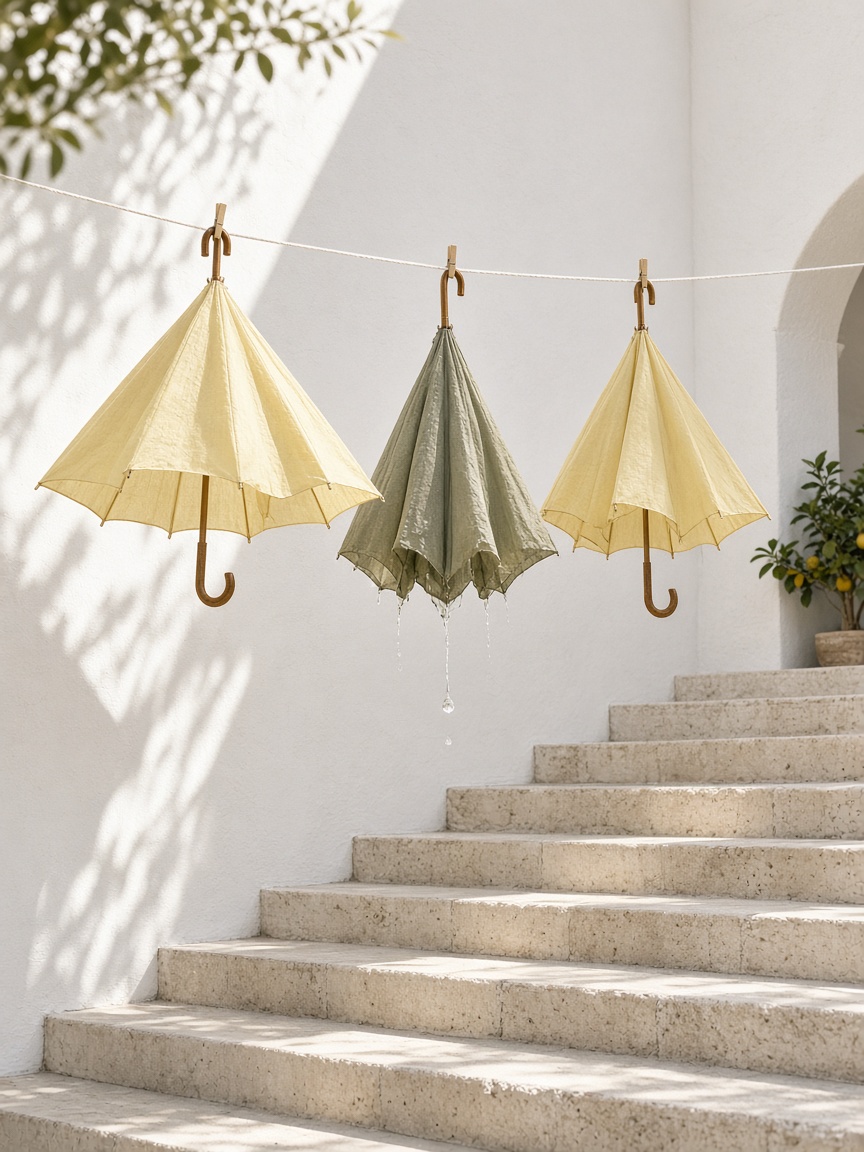 Paper against noon — PortraitLuxe Pale paper umbrellas in a high courtyard of light, citrus and cream