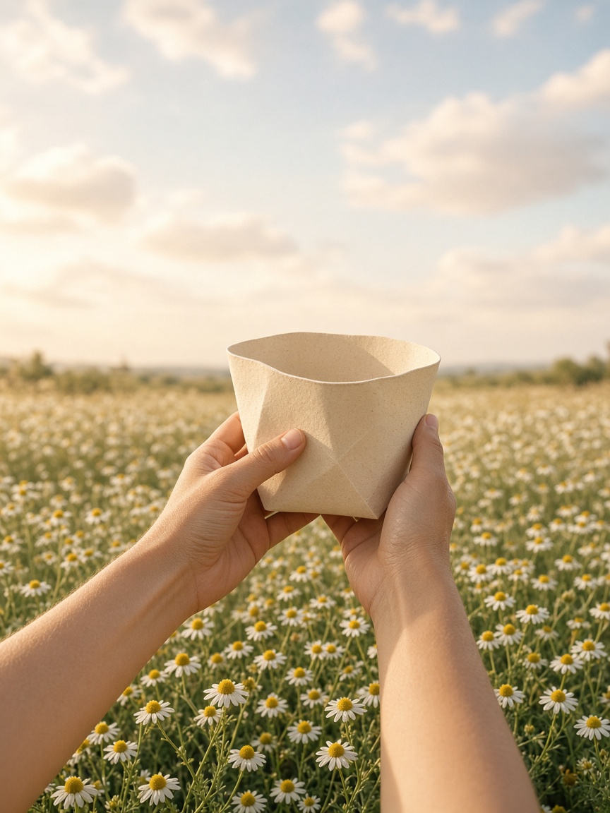 Arm’s length — PortraitLuxe Hands holding a cream paper still at arm’s length in a chamomile field