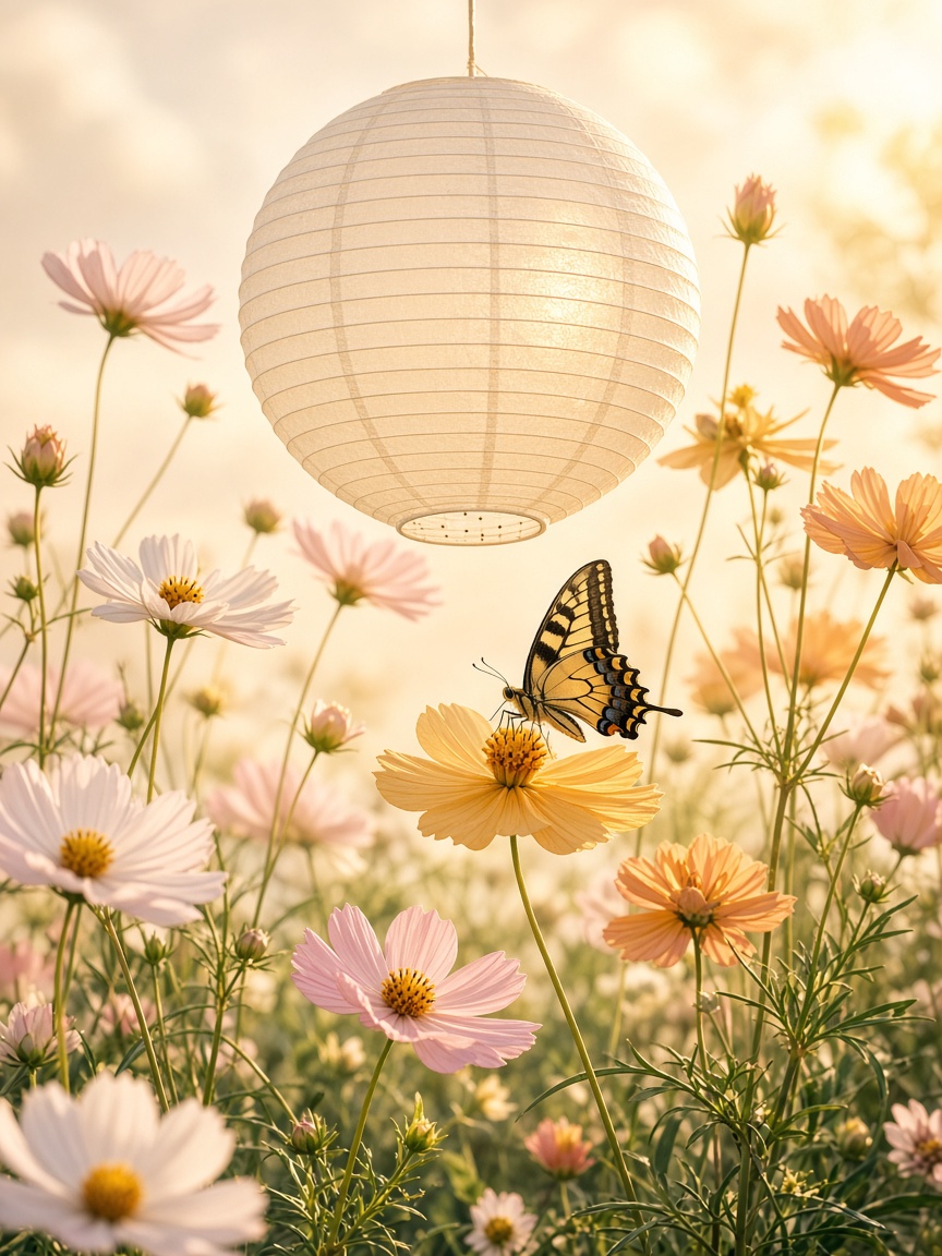 A lantern among cosmos — PortraitLuxe Rice-paper lantern among cosmos with a swallowtail